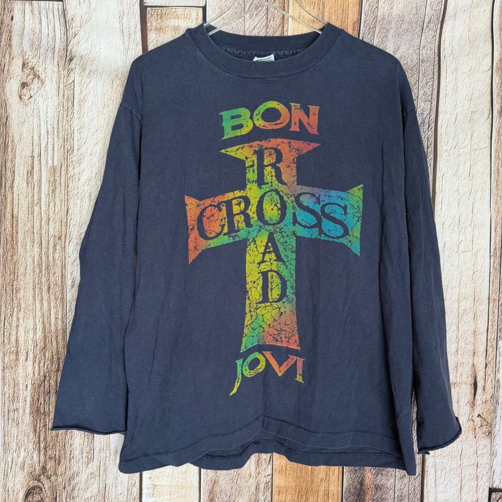 Vintage Bon Jovi Cross Road Tour Band Long Sleeve Tee Navy Tour Anvil USA XL